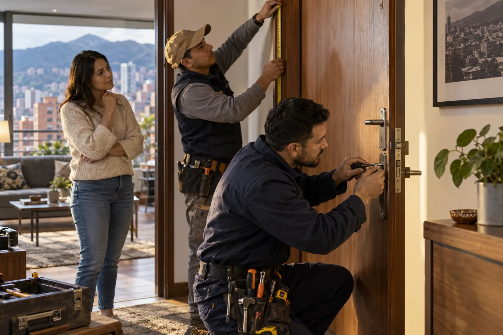 Profesionales ajustan una puerta
